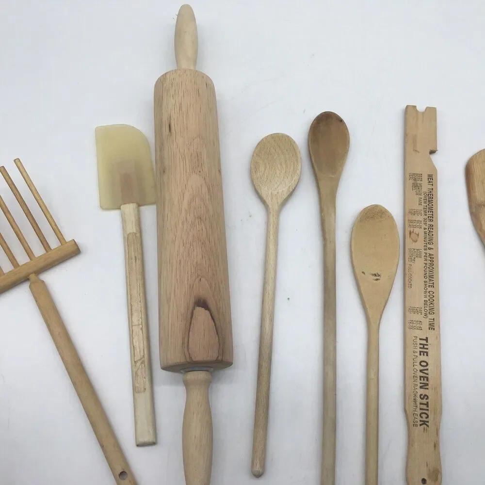 Vtg Lot Of 9 Wooden Kitchen Utensils Fork Wooden spoon Spatula Rolling Pin